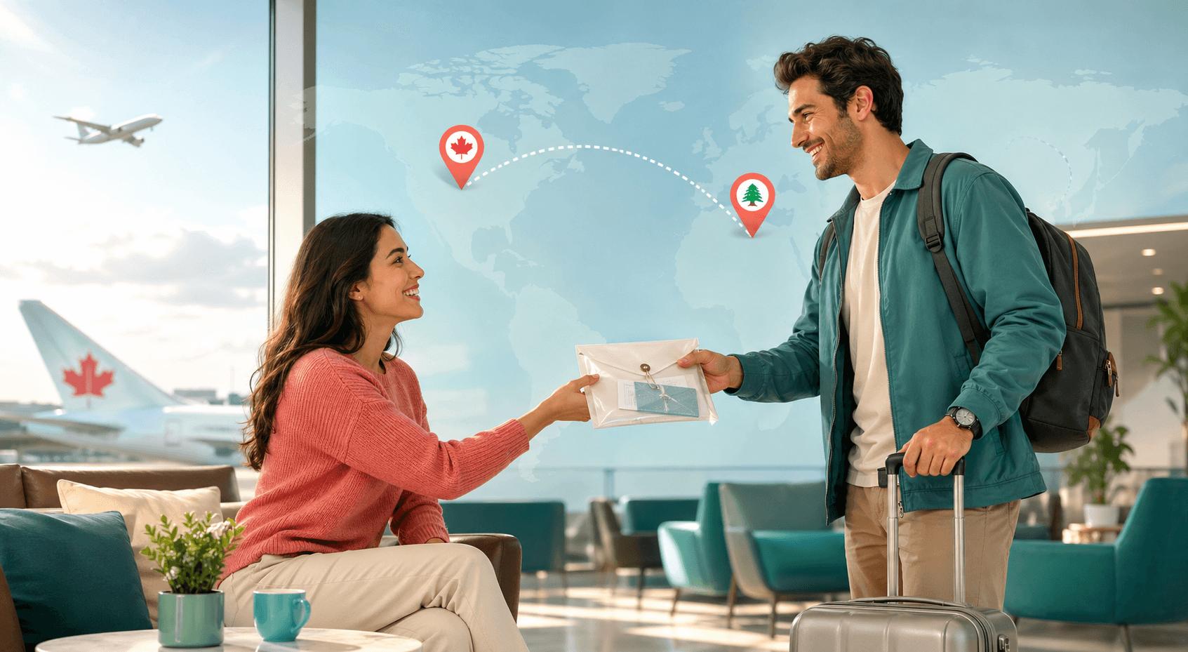 Traveler and sender coordinating a small international delivery at an airport